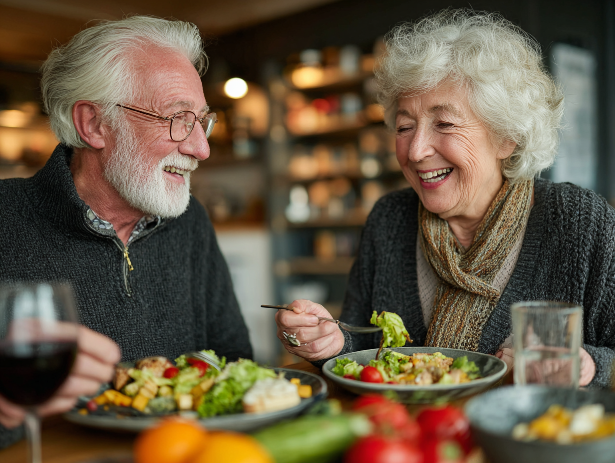 Група активних людей старшого віку насолоджується здоровою їжею за сімейним столом